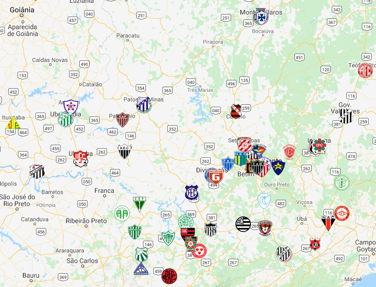 Um mapa interativo com todos os clubes que já jogaram o Campeonato Mineiro